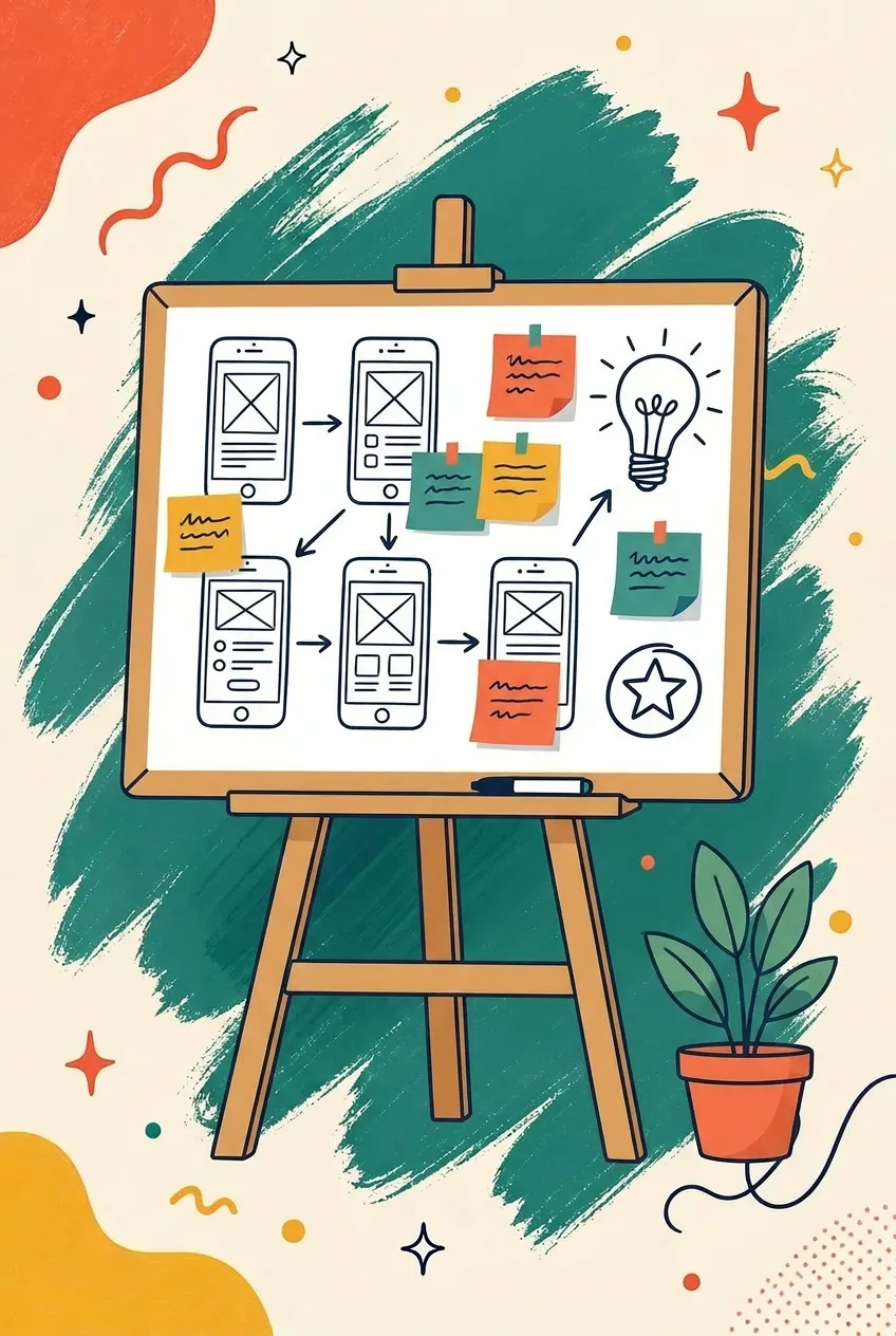 Illustration of a whiteboard with app wireframe sketches and sticky notes over a teal paint stroke